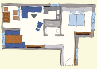 Grundriss der Ferienwohnung, zeigt einen Überblick der Wohnung mit allen Zimmern